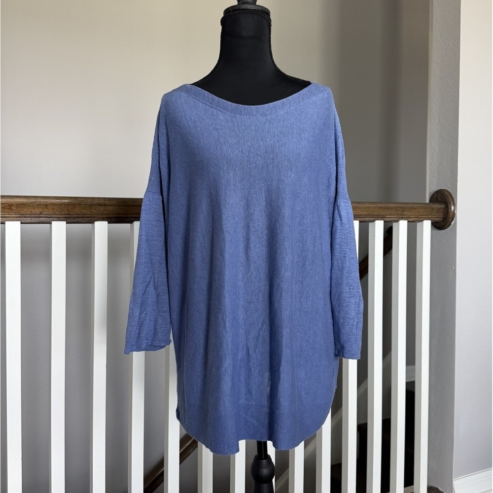 J Jill Linen Blend Boat Neck 3/4 Sleeve Sweater Blue XL Fine Knit Coastal Prep
